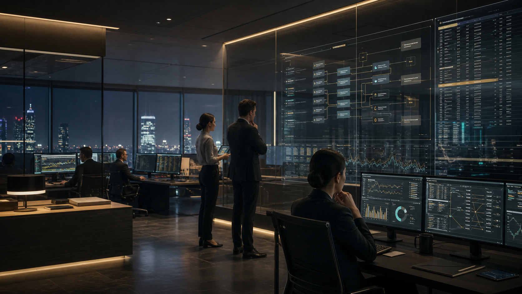 Financial services operations leaders reviewing AI workflow dashboards and data lineage controls